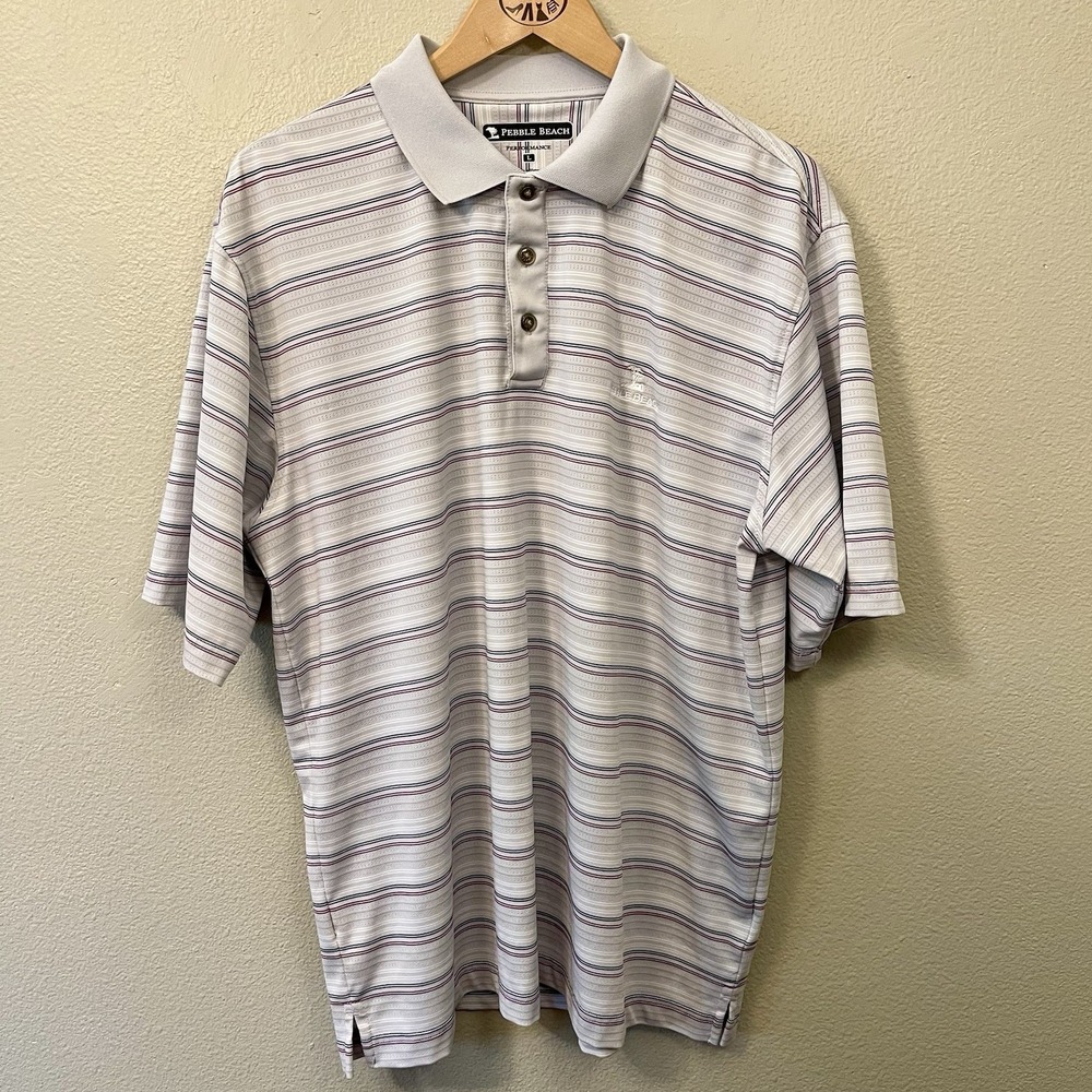 Pebble Beach Men's Performance Polo Striped Embroidered‎ Gray Multi Golf Size L